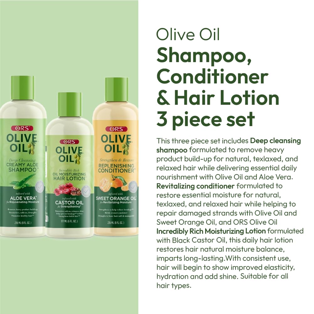 ORS Olive Oil Incredibly Rich Moisturizing Lotion bottle emphasizes daily moisture and heat protection.
