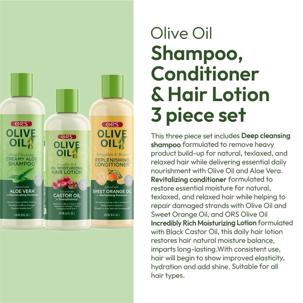 ORS Olive Oil Incredibly Rich Moisturizing Lotion bottle emphasizes daily moisture and heat protection.