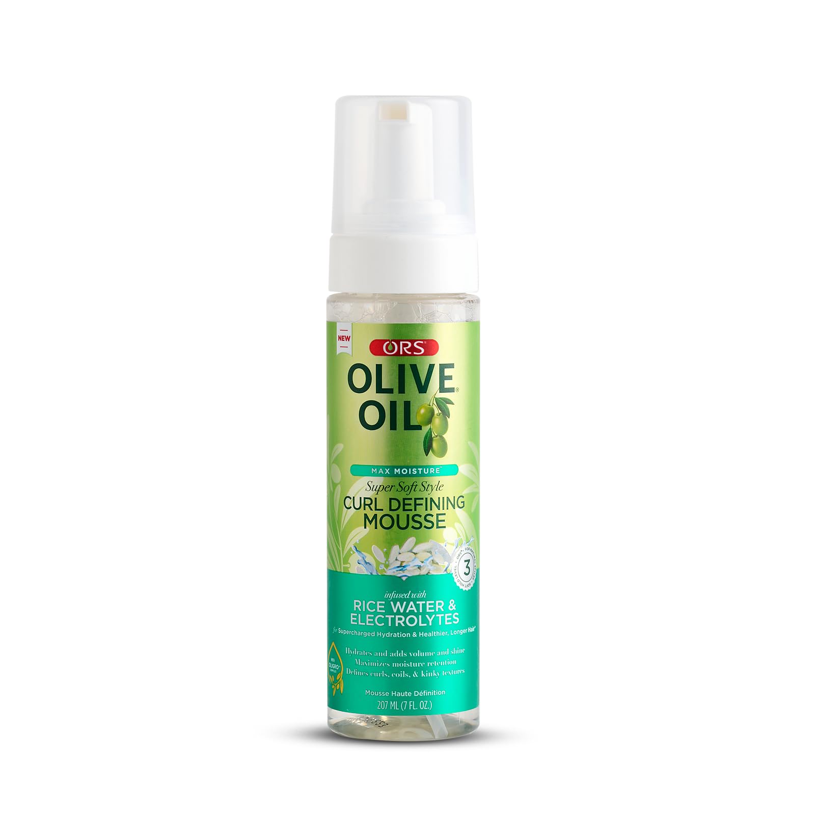 ORS Olive Oil Max Moisture Mousse bottle on shelf for hydrated, defined curls.