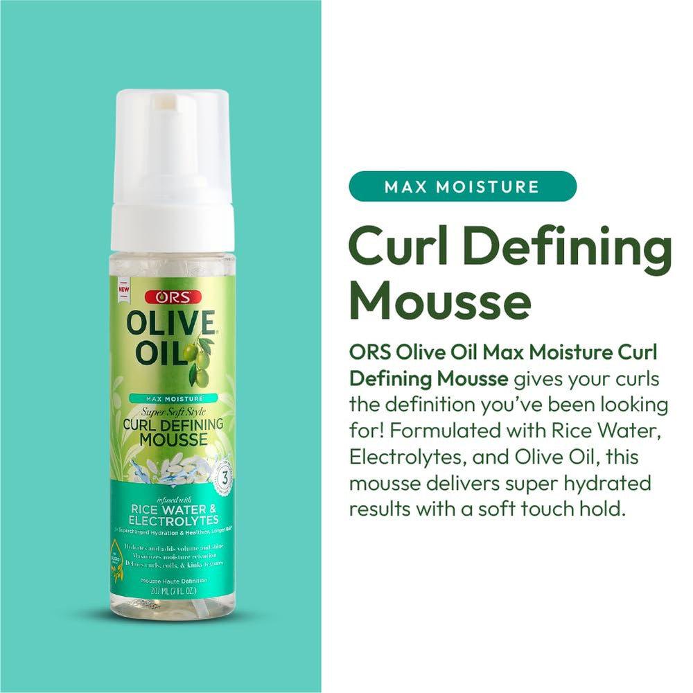 ORS mousse on curly hair shows frizz control and added shine.