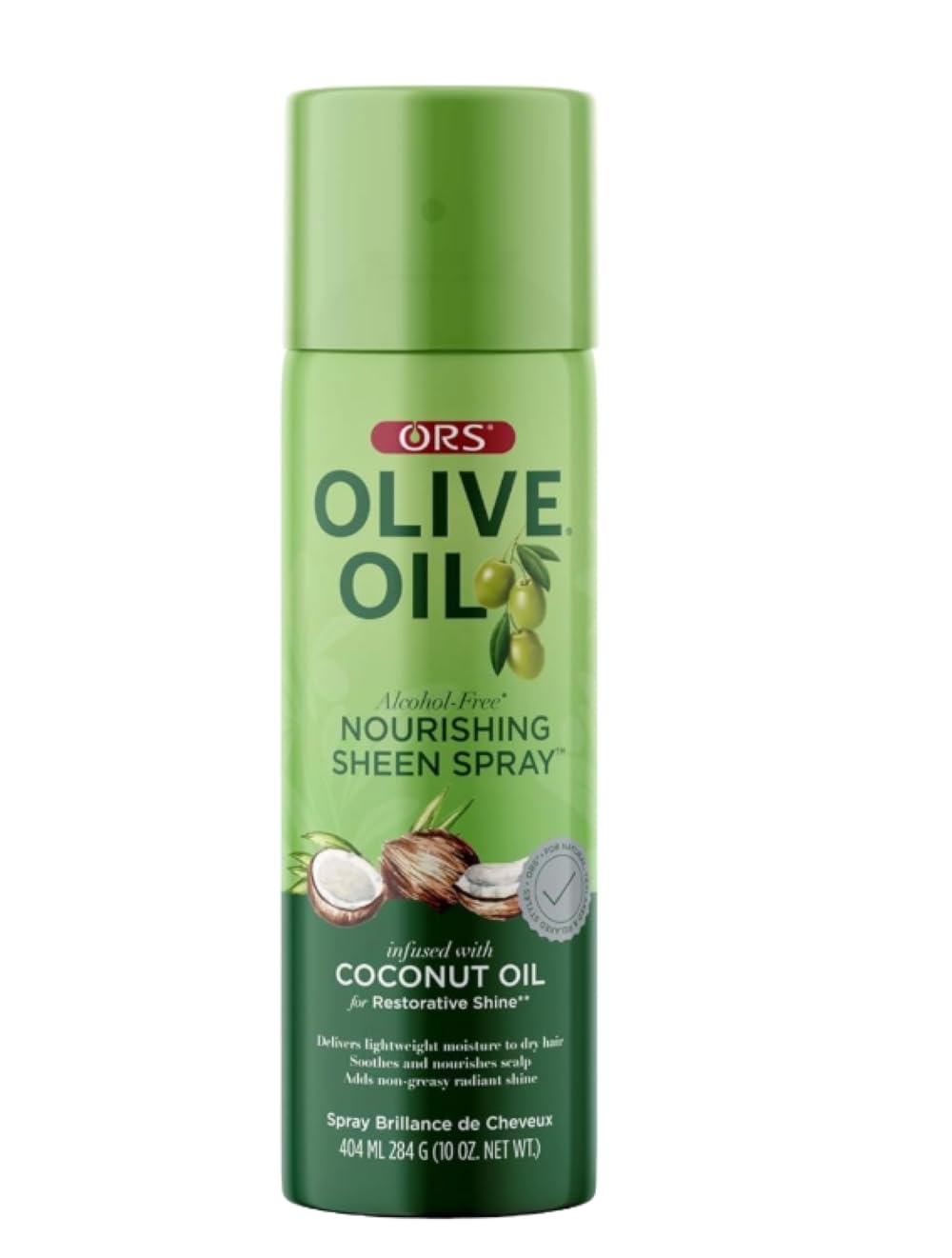 ORS Olive Oil Nourishing Sheen Spray bottle pour for lightweight moisture and shine.
