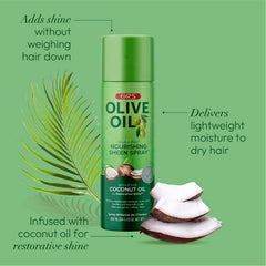 ORS Nourishing Sheen Spray creates radiant shine on dull strands.