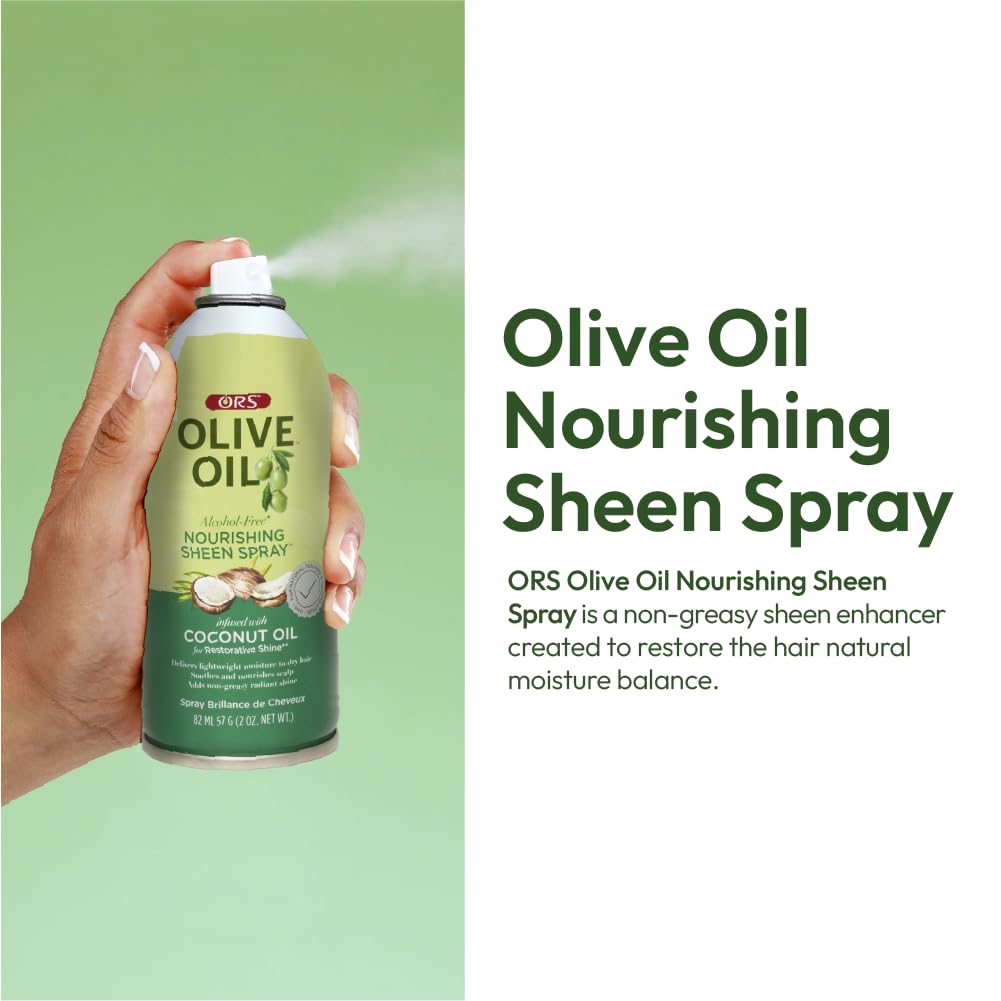 ORS Olive Oil Nourishing Sheen Spray delivers silky softness and easy manageability.