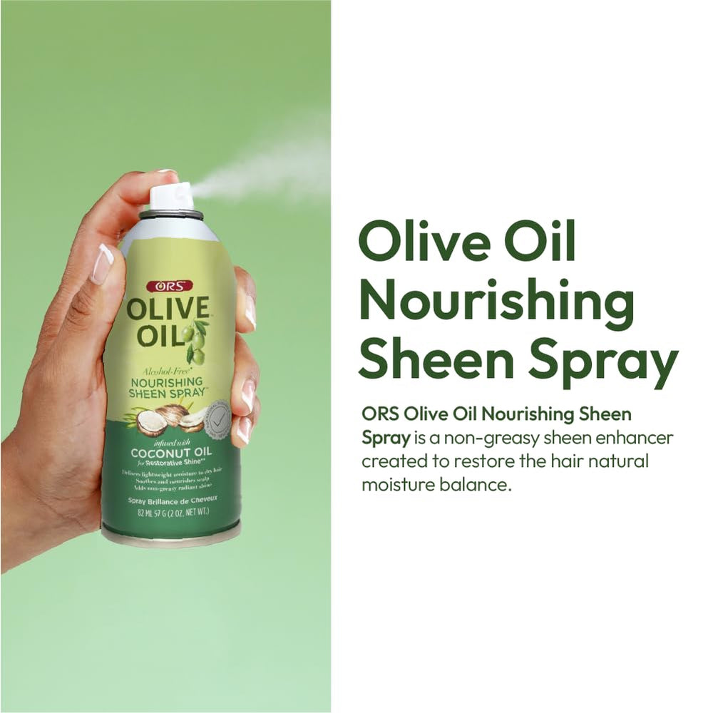 ORS Olive Oil Nourishing Sheen Spray delivers silky softness and easy manageability.