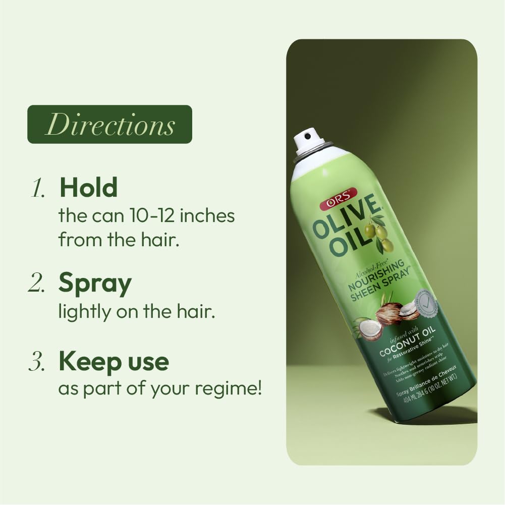 ORS Olive Oil spray shown in use on straight hair.
