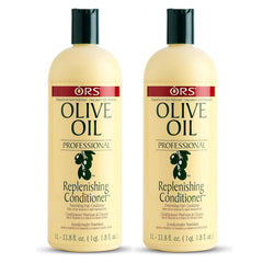 ORS Olive Oil Professional Replenishing Conditioner pack of 2 on display promotes detangling and silky shine