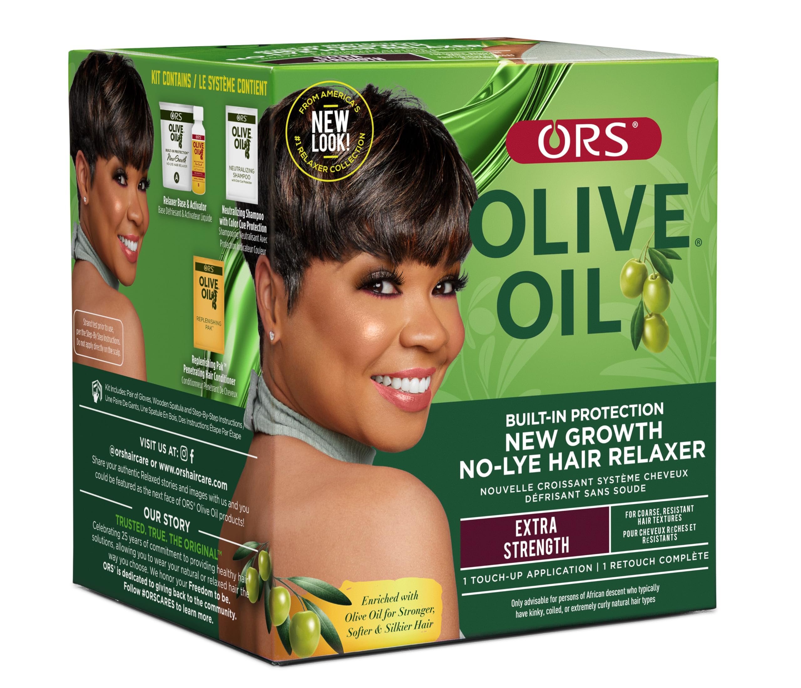 ORS Olive Oil Relaxer packaging with built-in protection for gentle touch-ups.