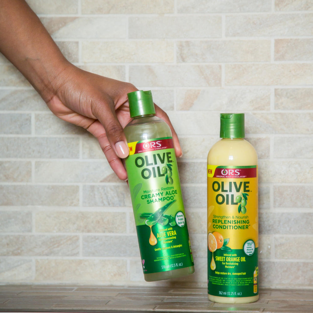 ORS Olive Oil Strengthen Nourish Conditioner tube conveys revitalizing moisture without weighing hair down.