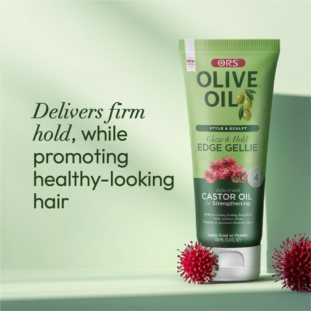 ORS Style & Sculpt Edge Gellie packaging closeup shows castor oil benefits.