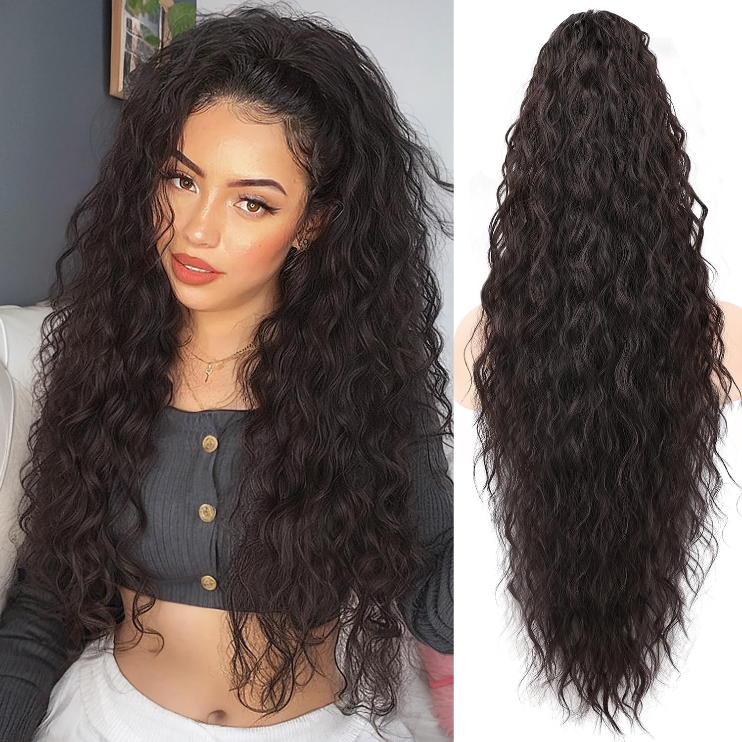 ORSUNCER claw long wavy ponytail in black brown adds natural volume and secure clip-in style