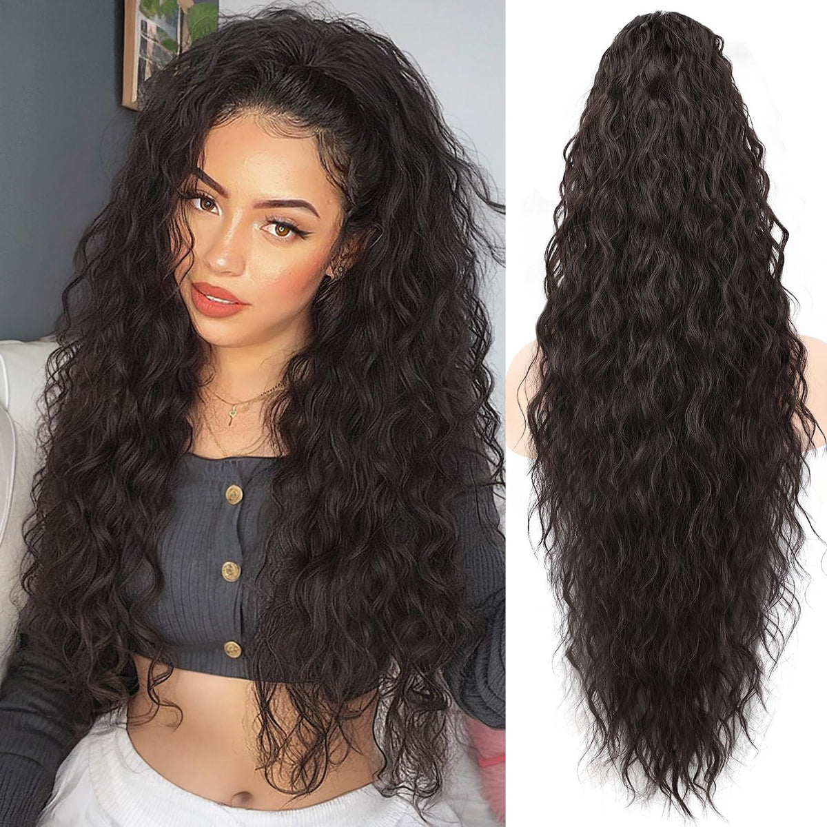 ORSUNCER claw long wavy ponytail in black brown adds natural volume and secure clip-in style