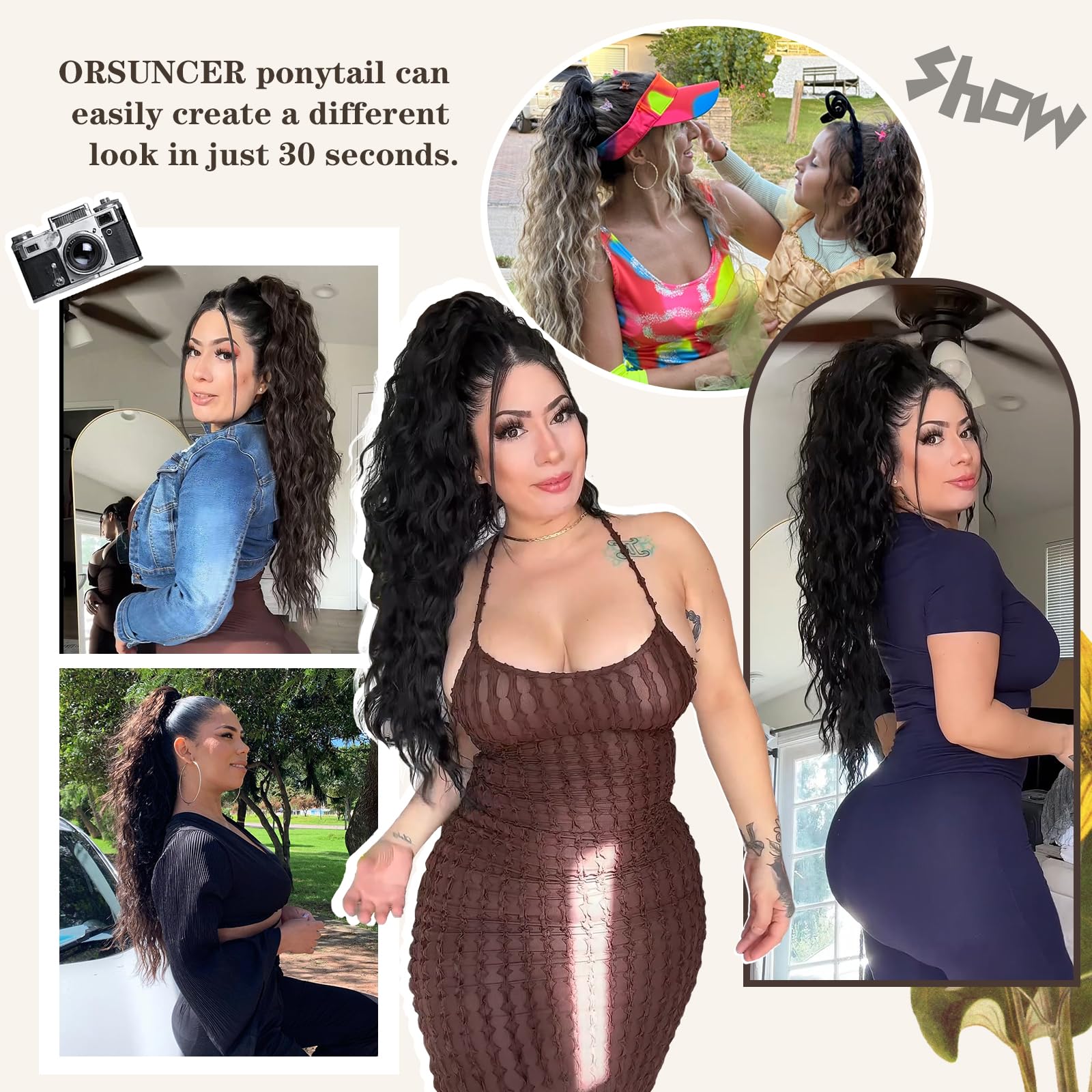 ORSUNCER two-way ponytail design supports clip-on or drawstring styling