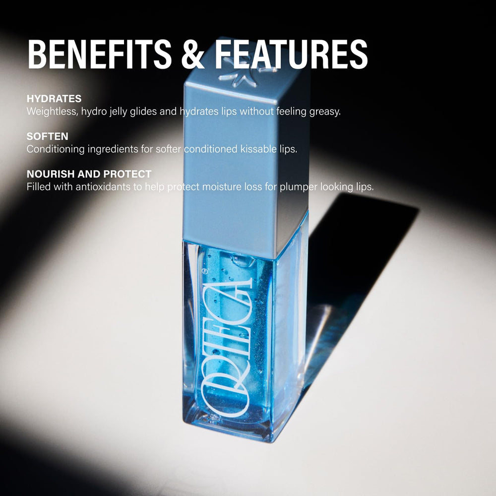 Ortega Beauty Blu Nectar Lip Oil on lips with glossy, non-sticky finish.