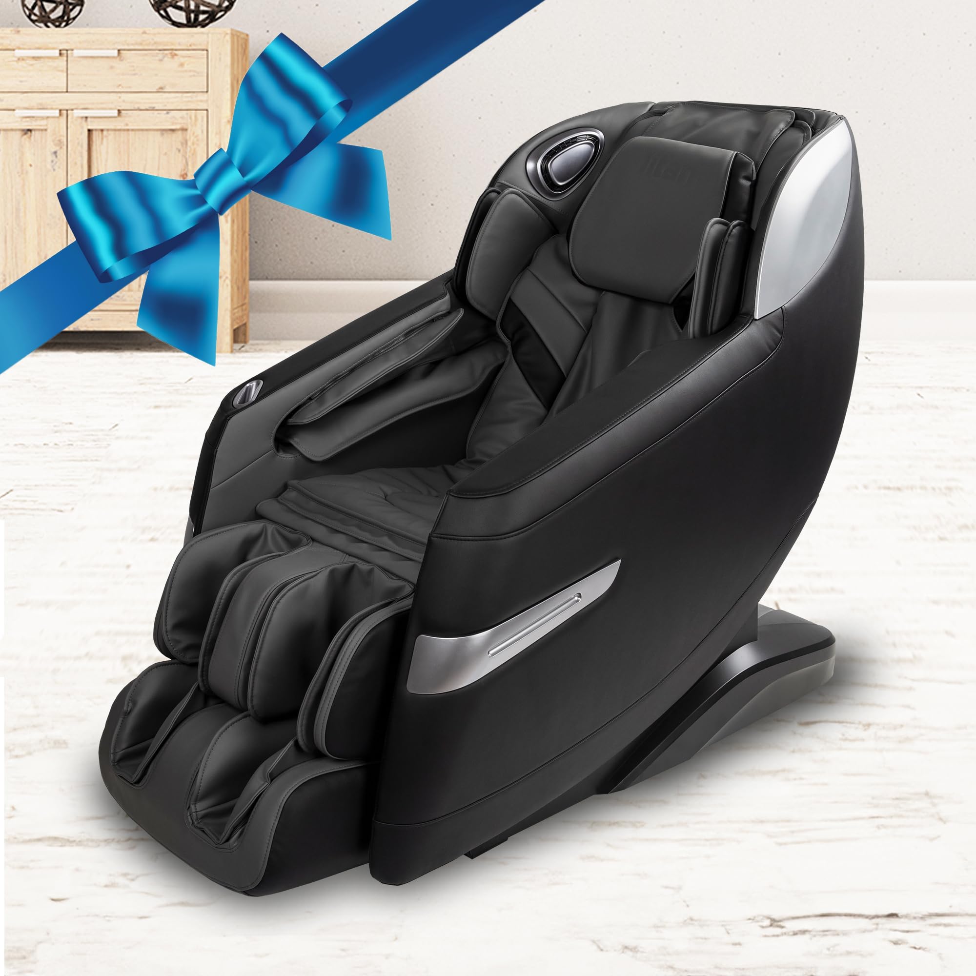 Osaki Titan Quantum Black back view reveals massage mechanism and support.