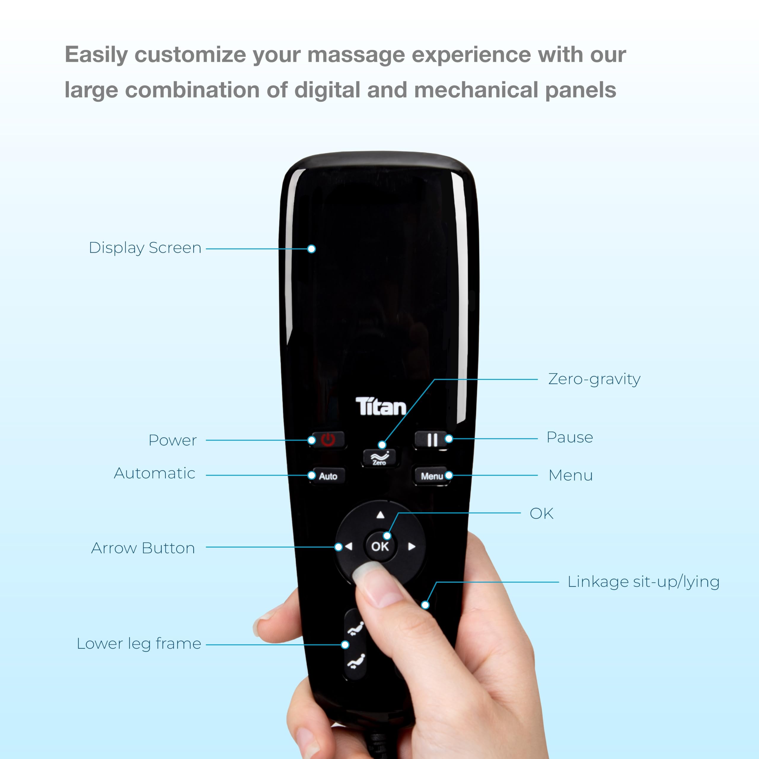 Osaki Titan Quantum Black control panel with adjustable settings.
