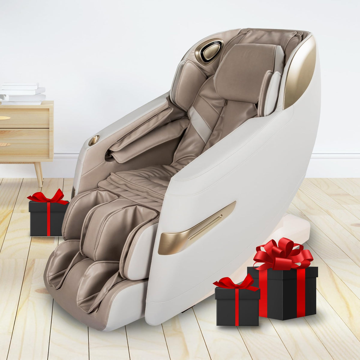 Osaki Titan Quantum chair full body shot in taupe highlighting comprehensive relaxation