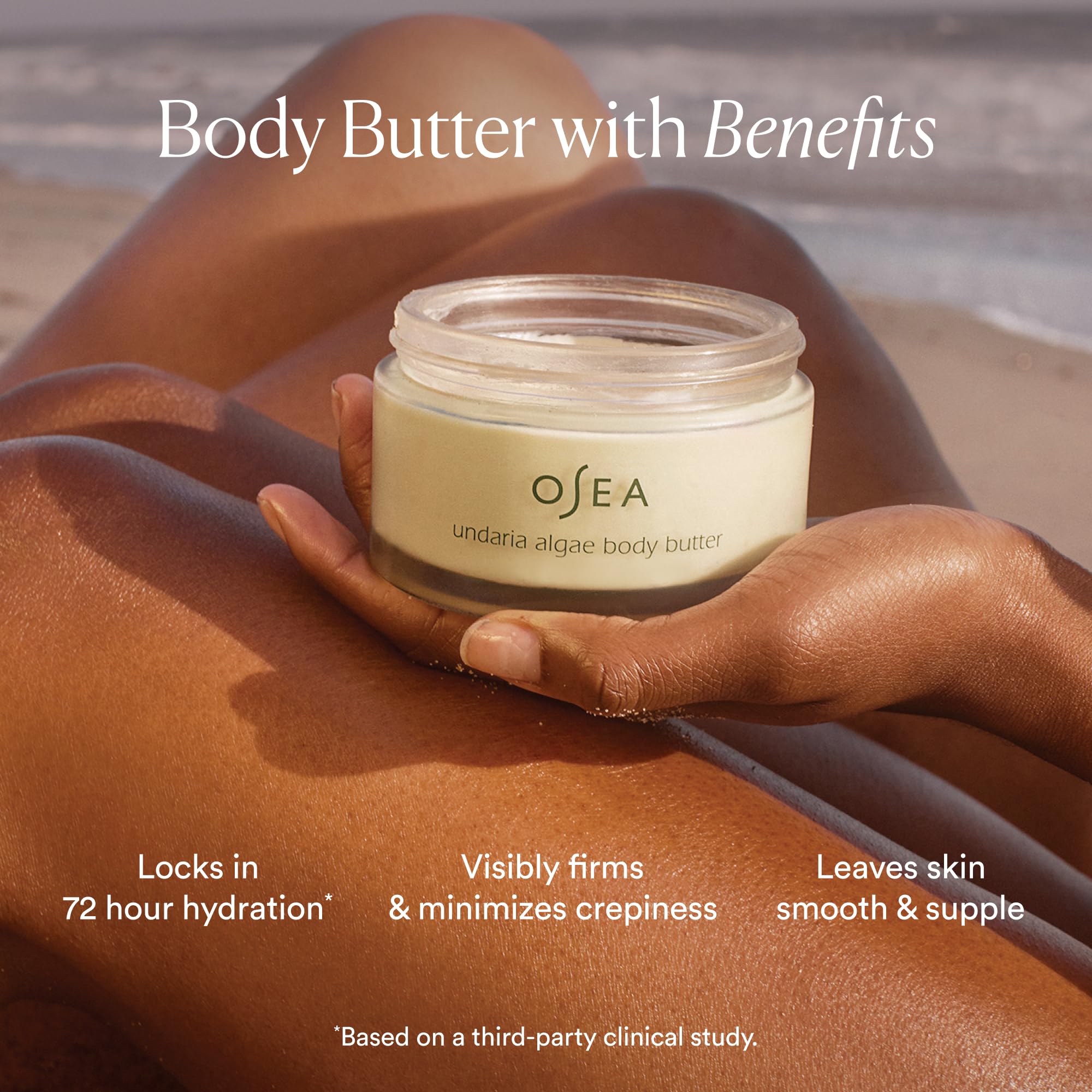Applying OSEA Undaria Algae Body Butter for smooth, hydrated skin