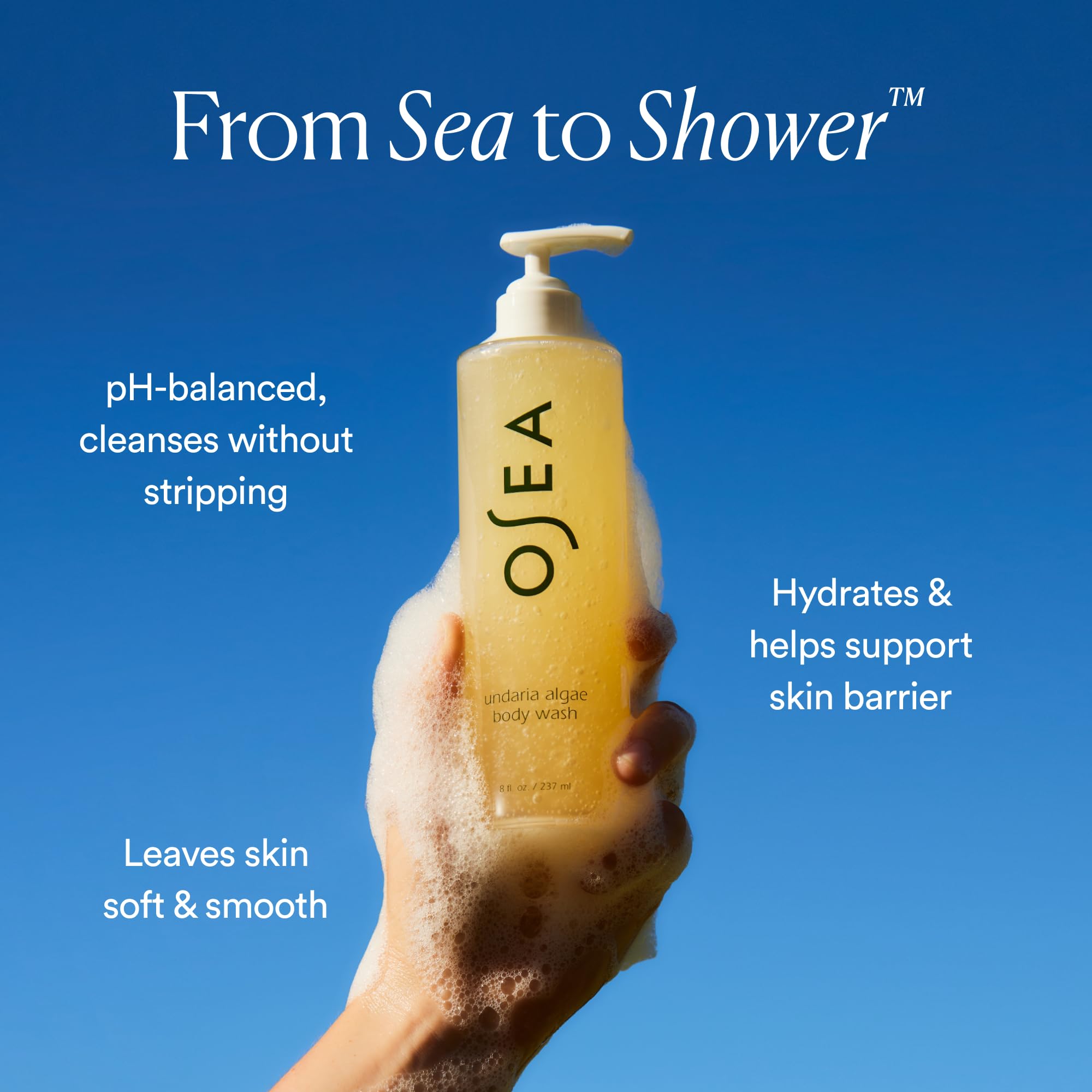 Pouring OSEA Undaria Algae Body Wash suggests easy daily use and citrus scent