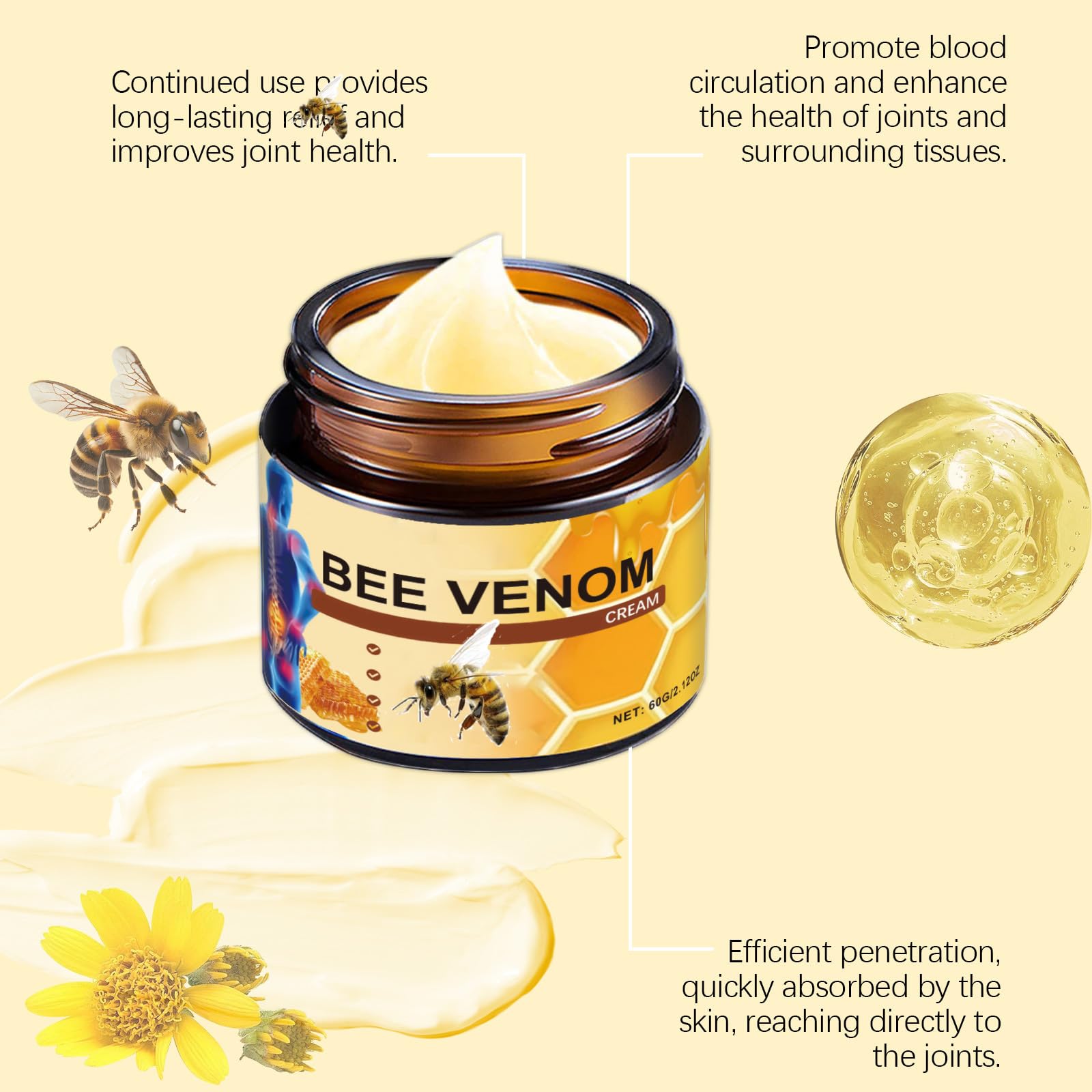 Creamy texture of OSFRIAGE Bee Venom Joint Gel that absorbs quickly.