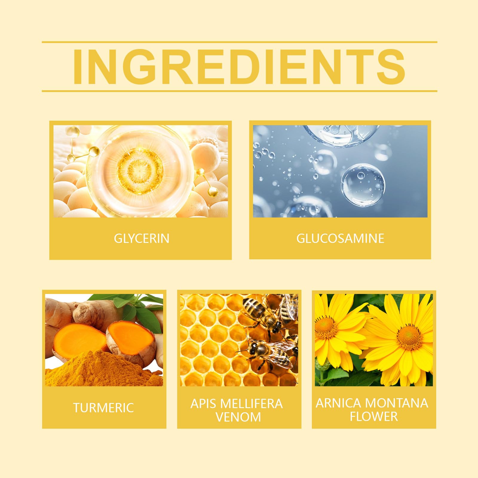 Close-up of ingredients: bee venom, glucosamine, calendula in OSFRIAGE gel.