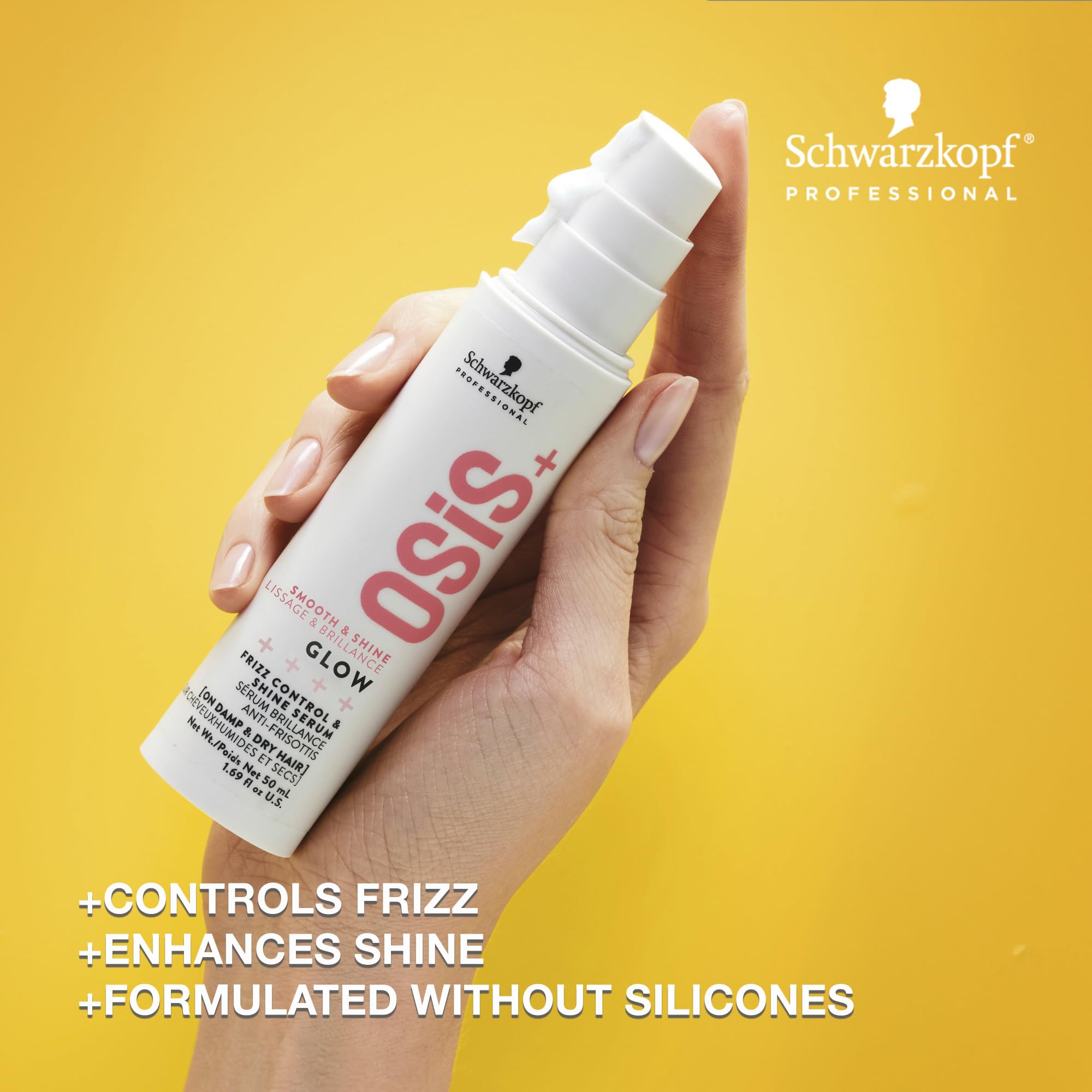 OSiS+ Glow bottle back view highlighting lightweight, non-greasy formula for all hair types