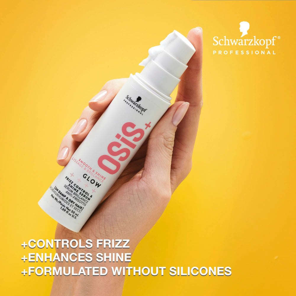 OSiS+ Glow bottle back view highlighting lightweight, non-greasy formula for all hair types