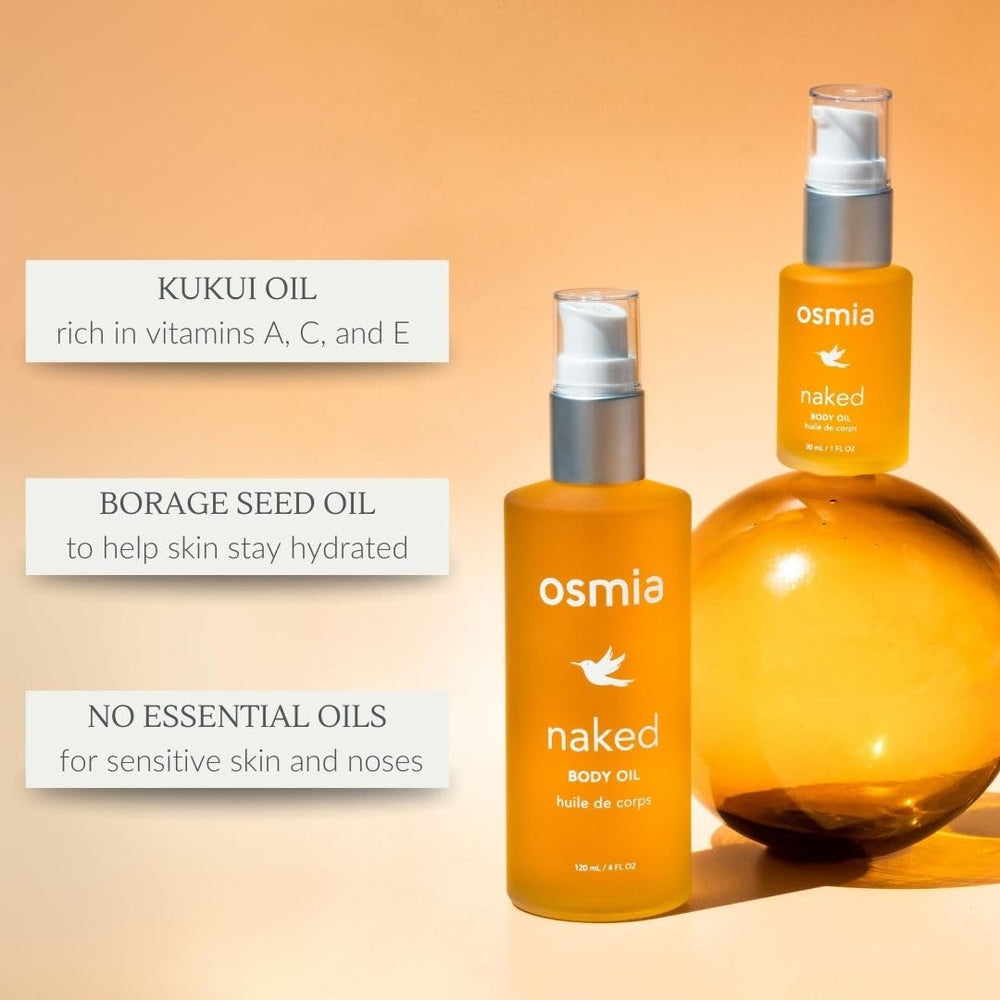 Osmia Naked Body Oil bottle label and packaging details.