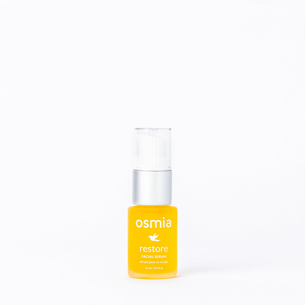 Osmia Natural Restore Serum carrot-seed oil dropper highlights nourishing texture enhancement.