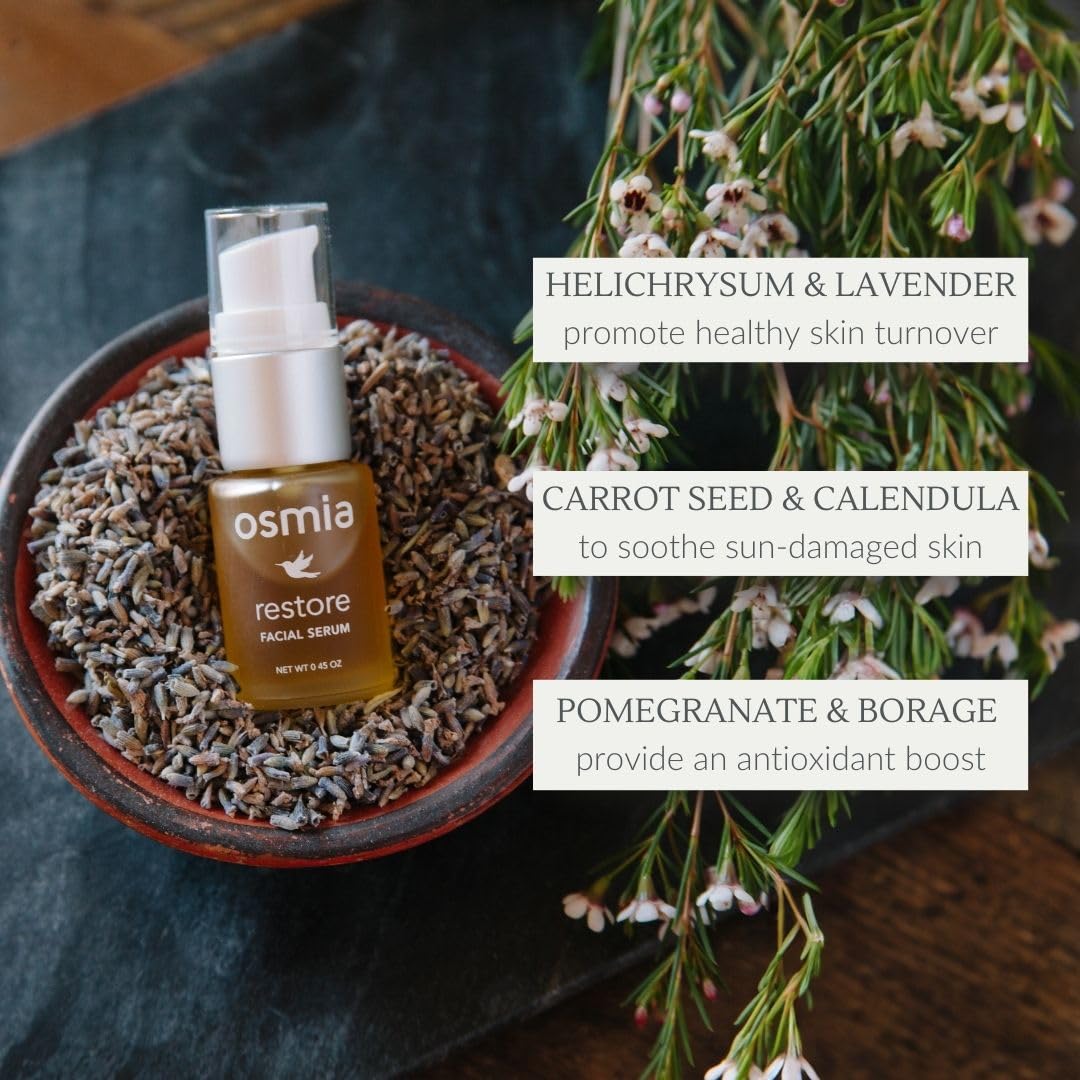 Osmia Natural Restore Serum pomegranate oil bottle emphasizes antioxidant-rich shine.