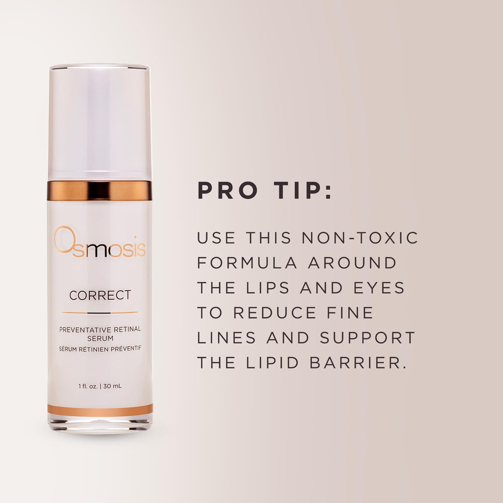 OSMOSIS CORRECT user applies serum to cheek during routine.