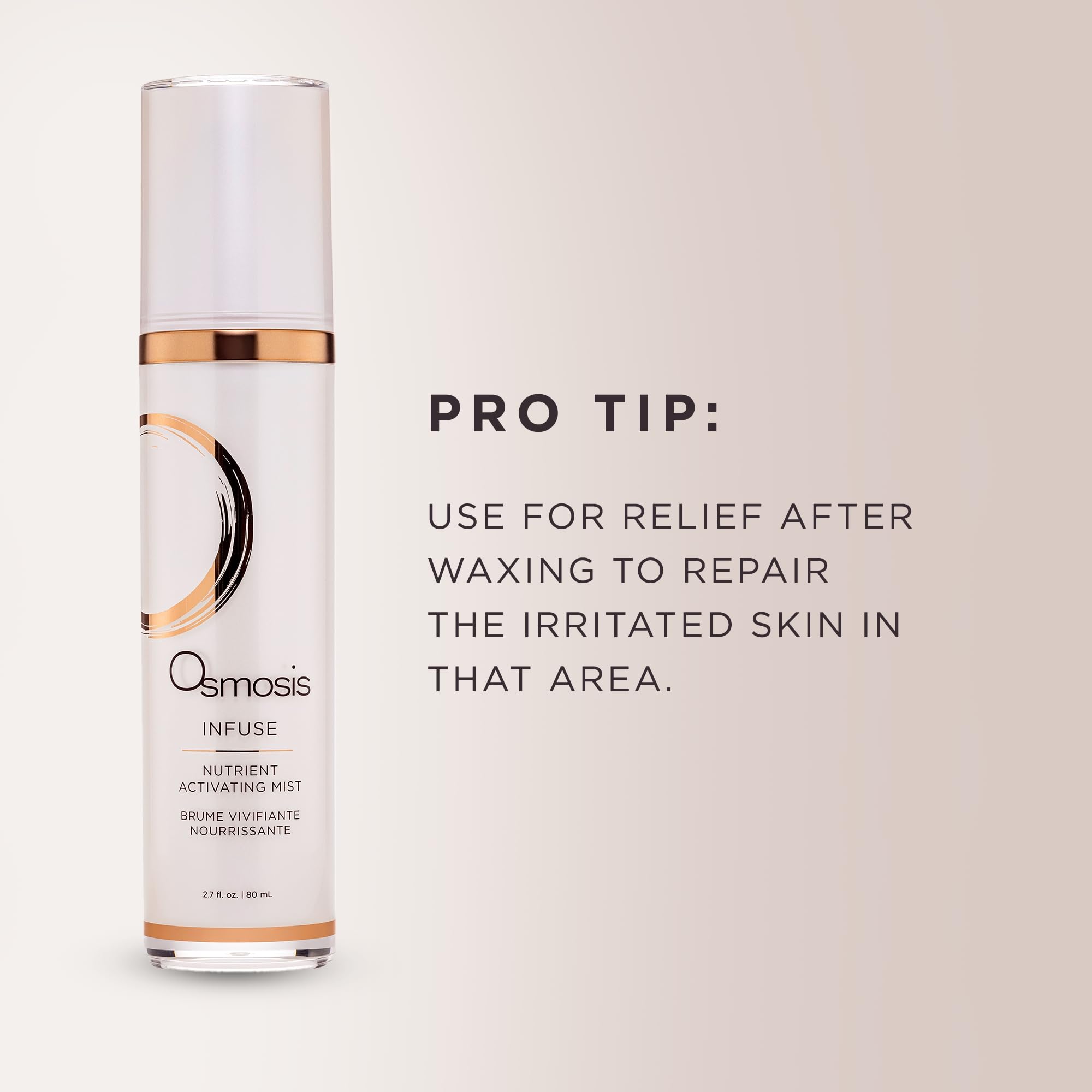 Osmosis Infuse after-waxing soothing mist demonstrates gentle post care.