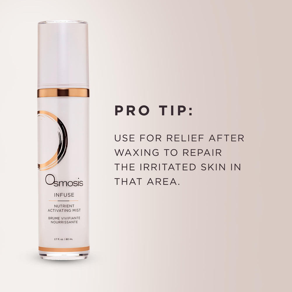 Osmosis Infuse after-waxing soothing mist demonstrates gentle post care.