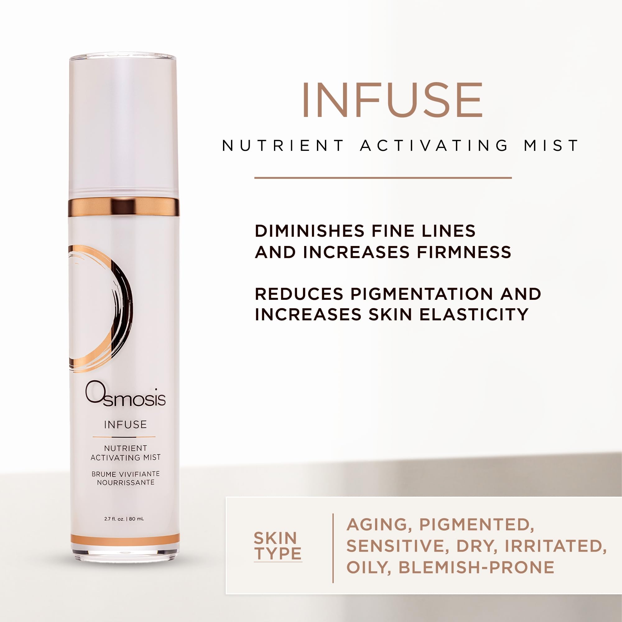 Osmosis Infuse facial mist spray closeup for easy, even application.