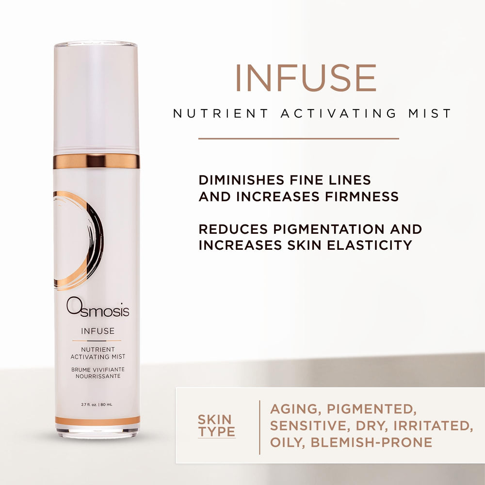 Osmosis Infuse facial mist spray closeup for easy, even application.