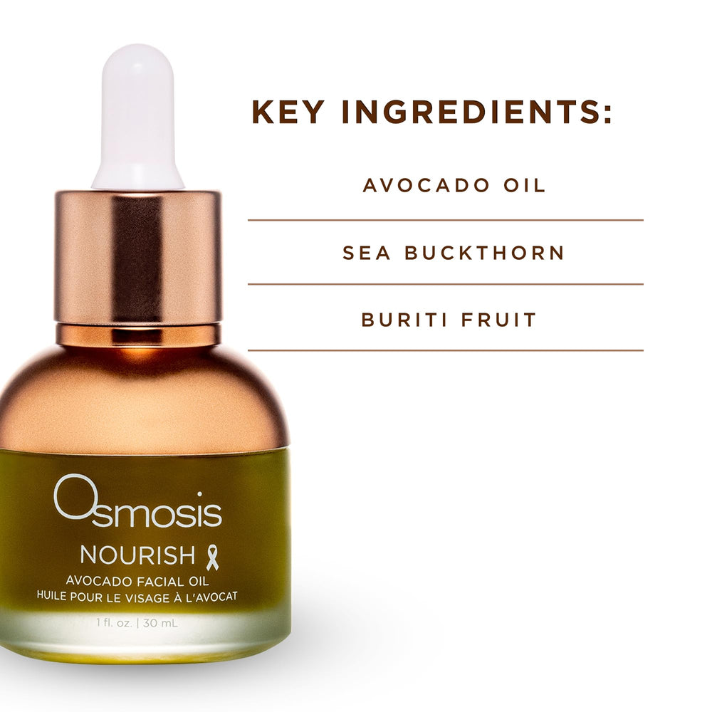 OSMOSIS Nourish Avocado Oil ingredients highlight organic, virgin, cold-pressed oil benefits.
