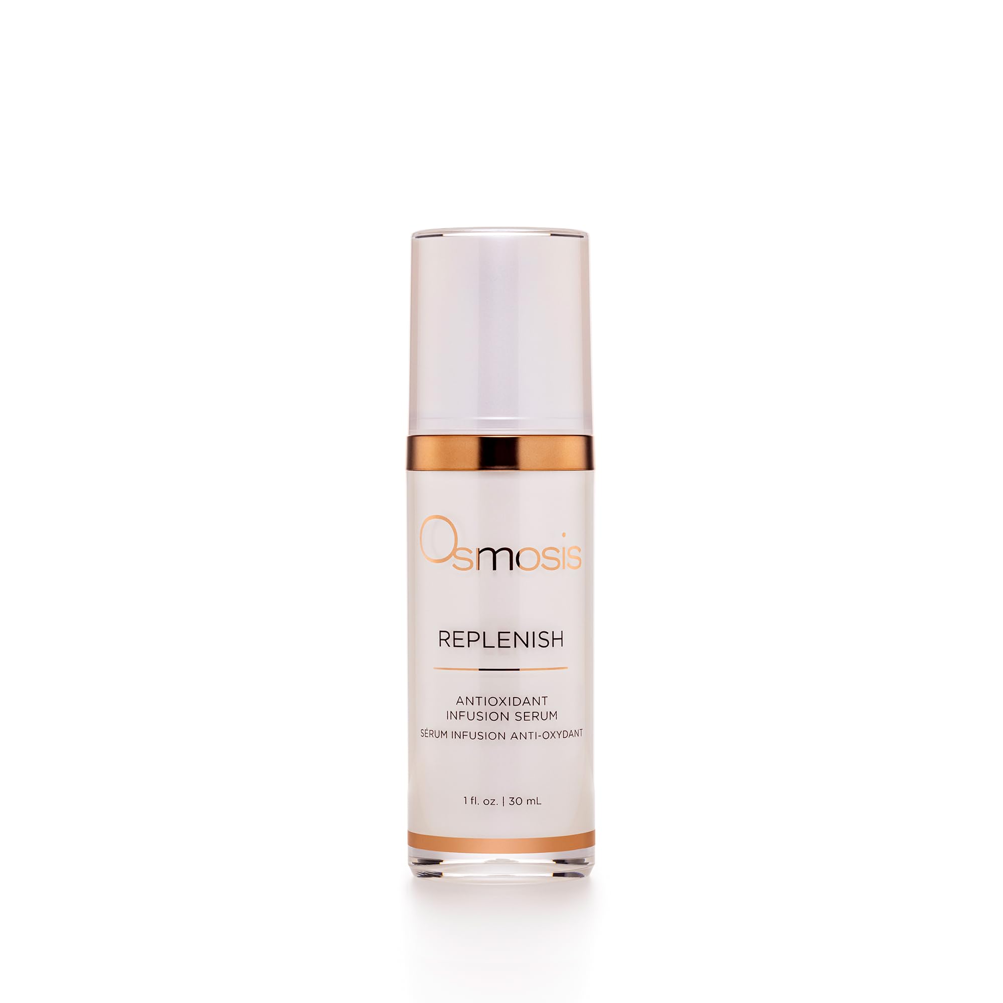 OSMOSIS Replenish antioxidant serum bottle on vanity, highlighting daily hydration
