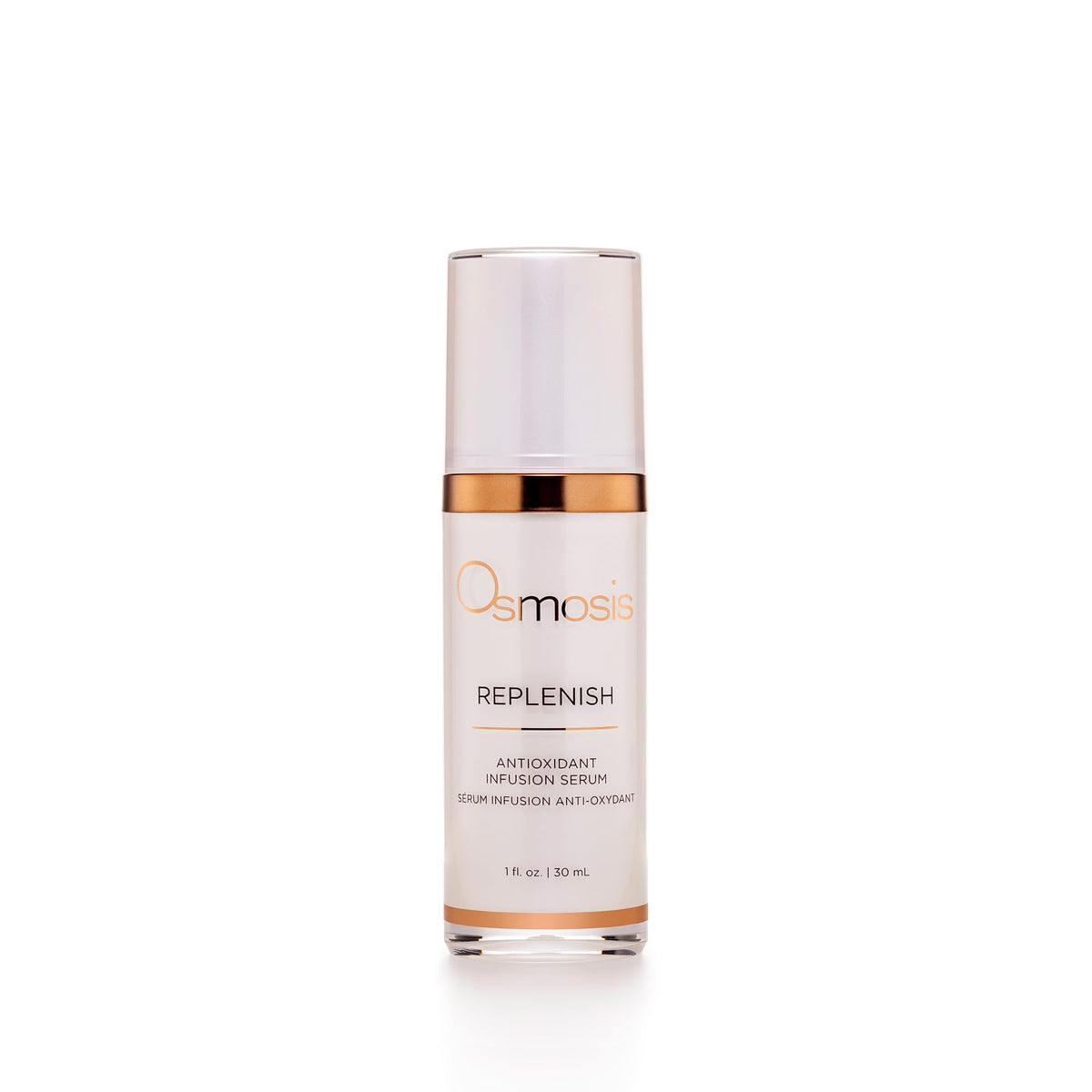OSMOSIS Replenish antioxidant serum bottle on vanity, highlighting daily hydration