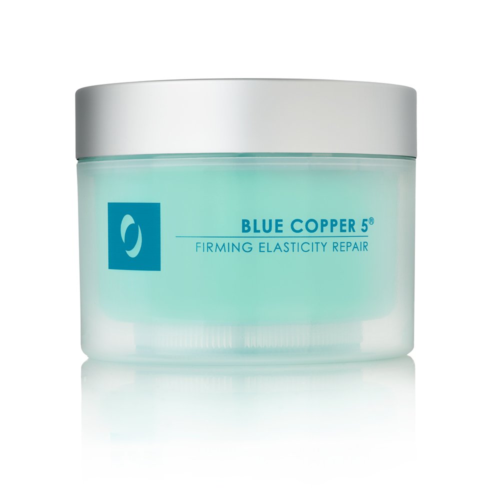 Osmotics Blue Copper 5 Firming Elasticity Repair jar shows rich cream texture for hydration and potential firming