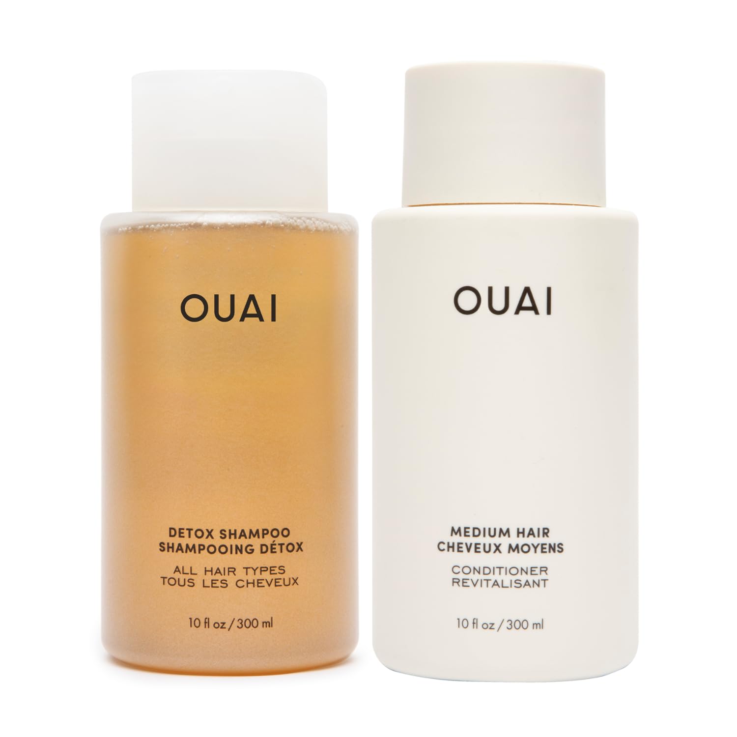 OUAI Detox Shampoo bottle close-up highlighting clarifying power for buildup.