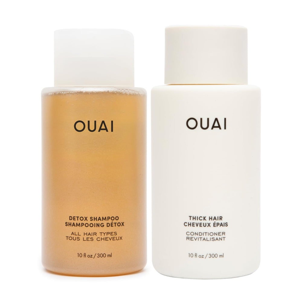 OUAI Detox Shampoo bottle with foam shows buildup removal and clarifying power.