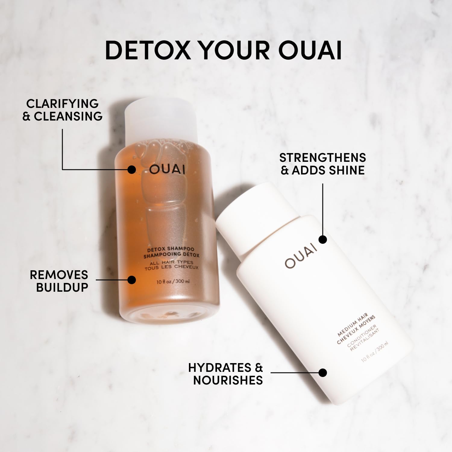OUAI Detox Shampoo lather demonstrates cleansing action for dirt and oils.
