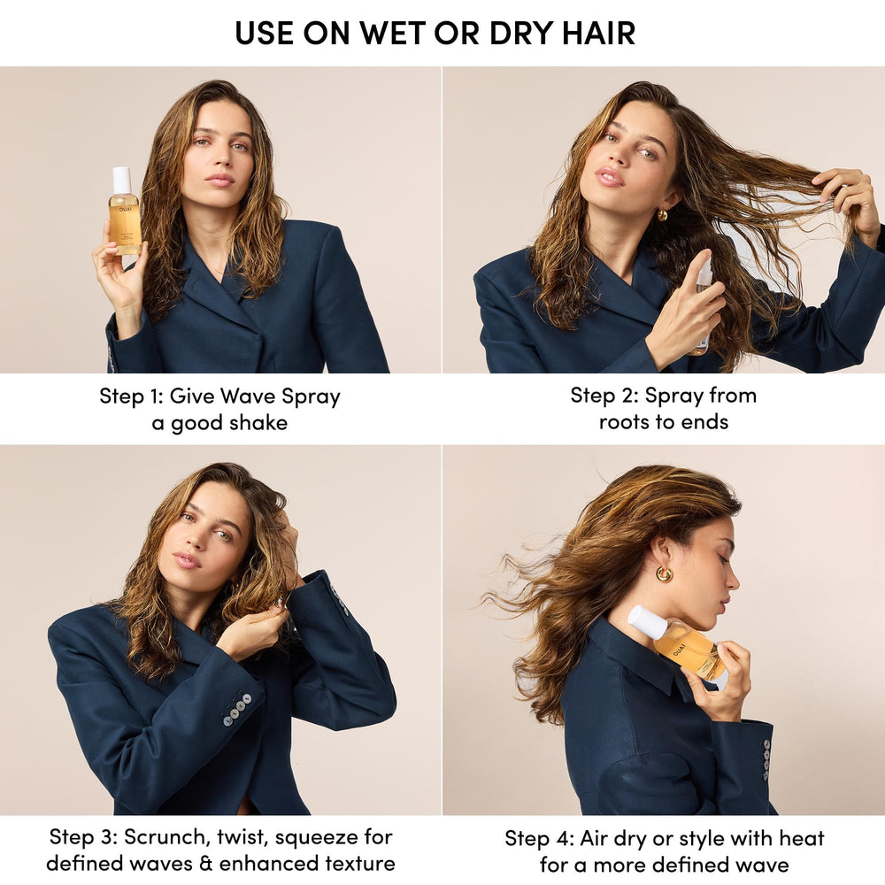 OUAI bottle with healthy shine on styled hair.