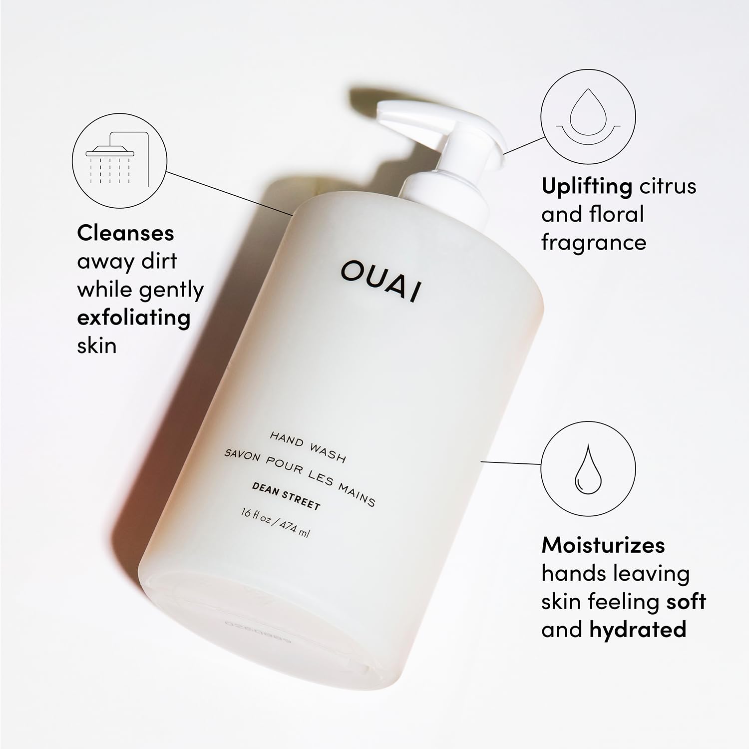 OUAI Hand Wash Dean Street bottle displaying rich lather and refreshing fragrance