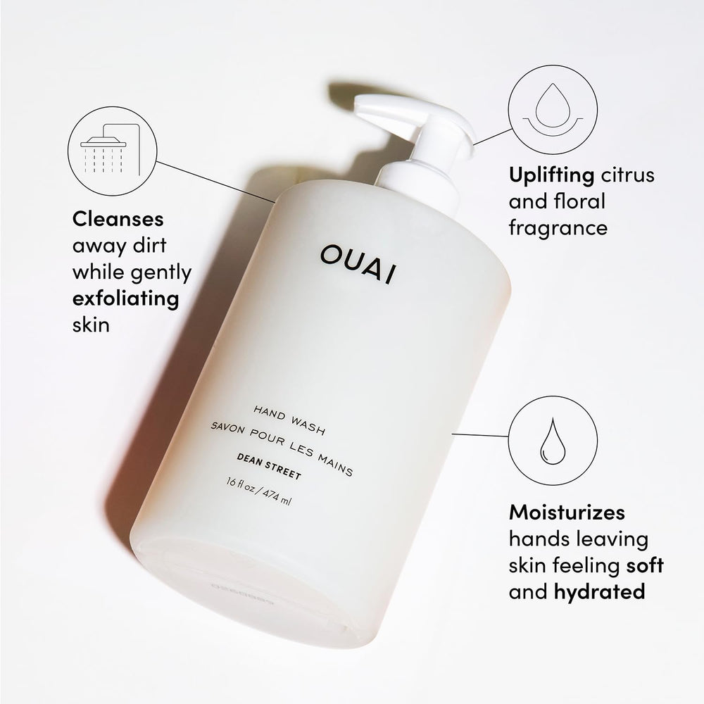 OUAI Hand Wash Dean Street bottle displaying rich lather and refreshing fragrance
