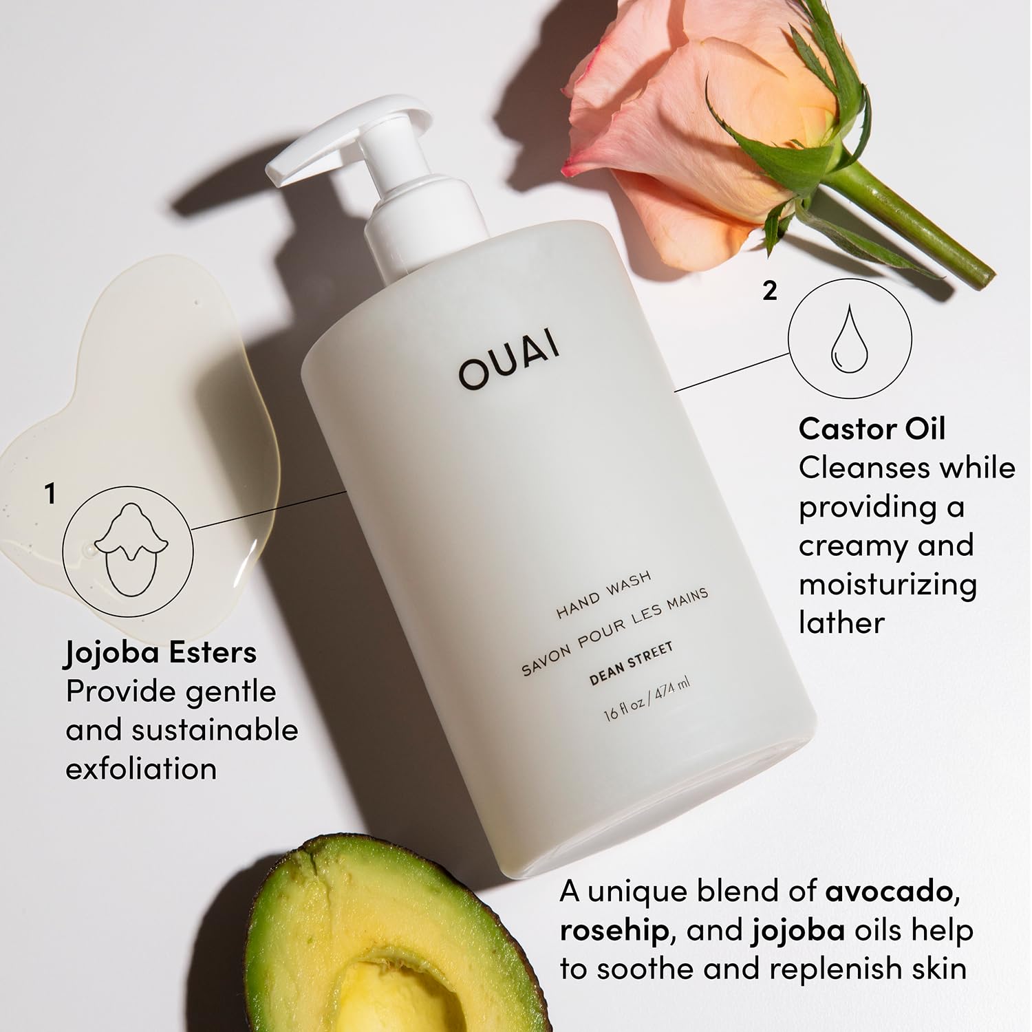 OUAI exfoliating hand wash with jojoba esters for skin-friendly cleansing