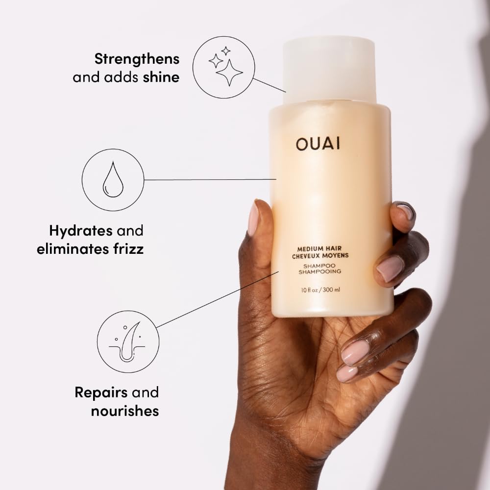 OUAI Medium Conditioner bottle pouring delivering shine and detangling benefits