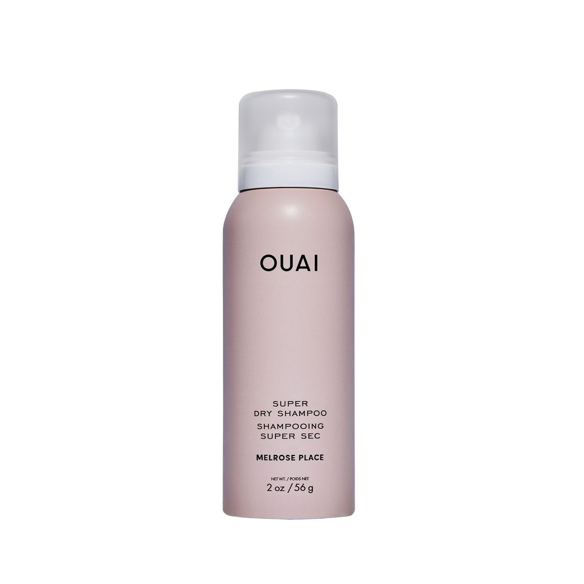 OUAI Super Travel Dry Shampoo bottle showing compact 2 oz packaging and travel-friendly design.