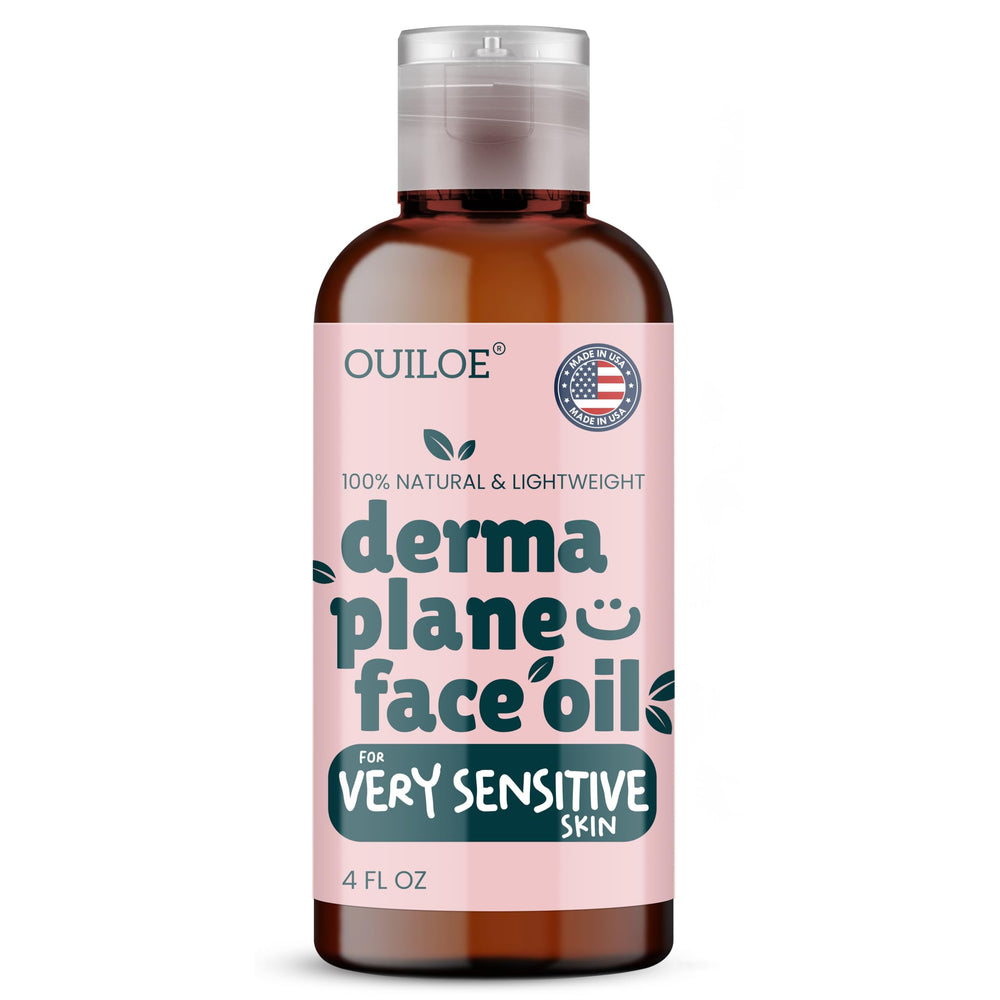 Ouiloe Dermaplane oil bottle highlights fragrance-free, hydrating formula for sensitive skin.