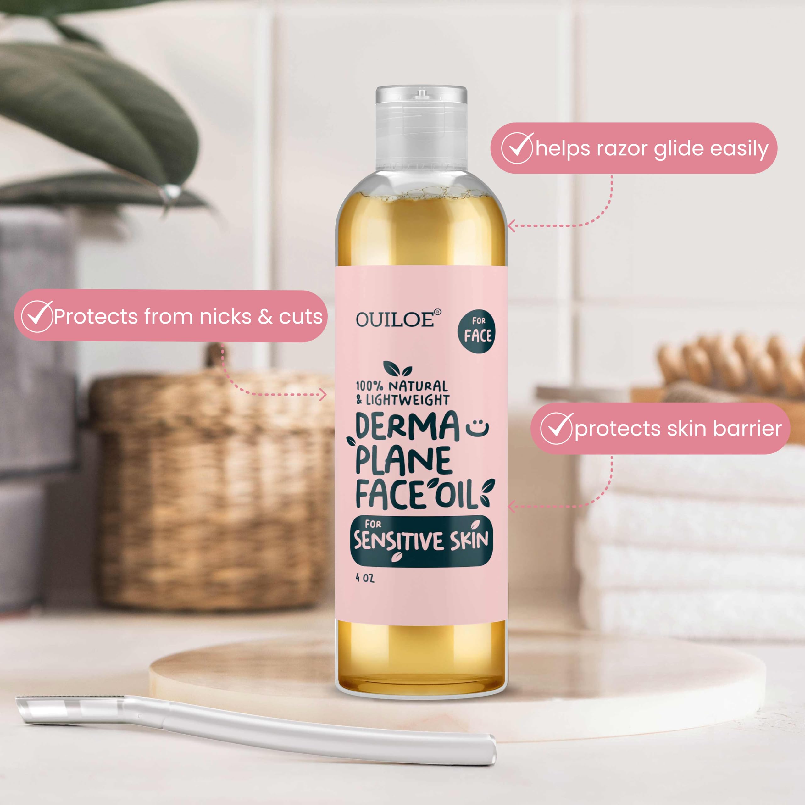 Close-up of Ouiloe Dermaplane Oil texture for lightweight hydration.
