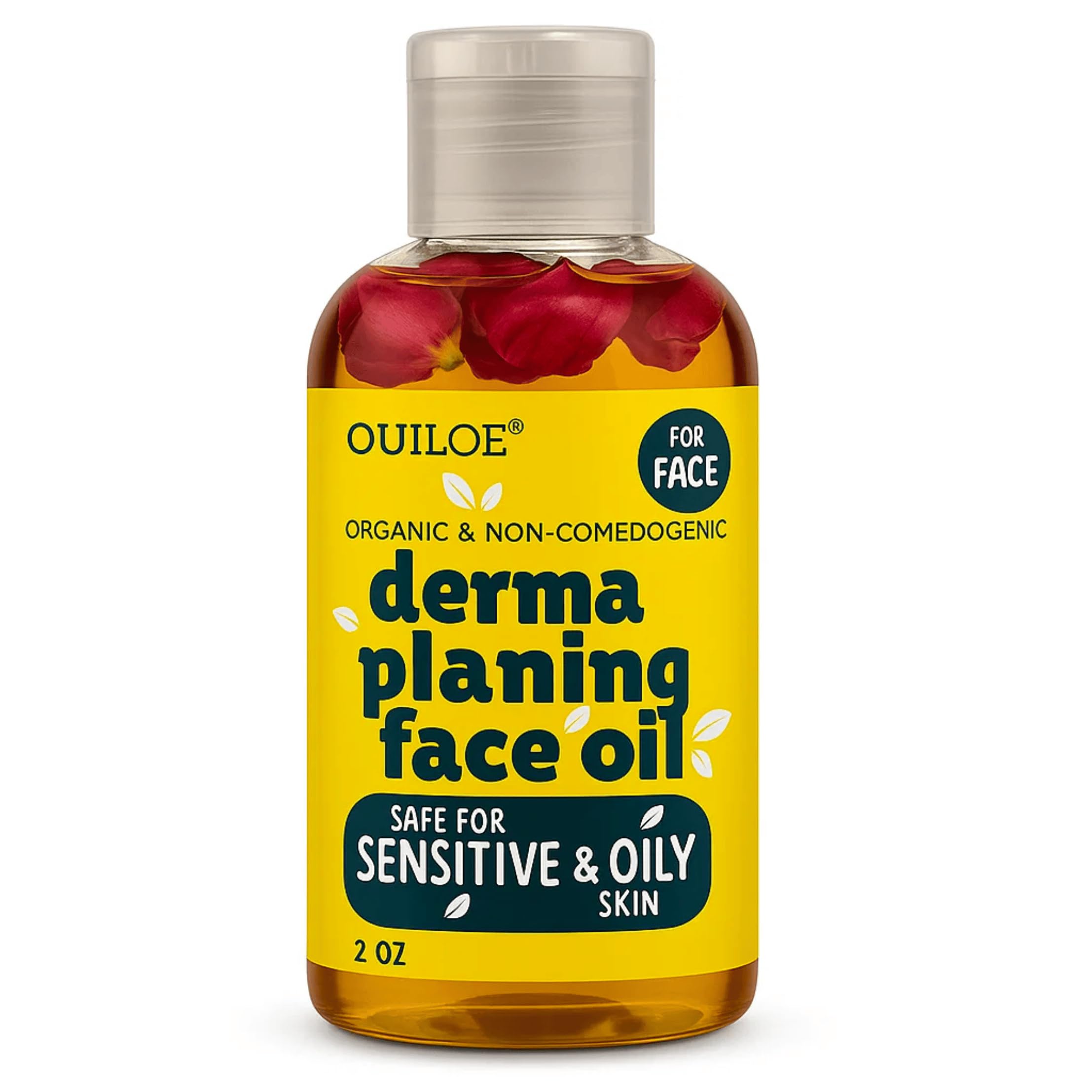 Ouiloe dermaplaning oil bottle closeup shows fragrance free formula for acne prone skin.